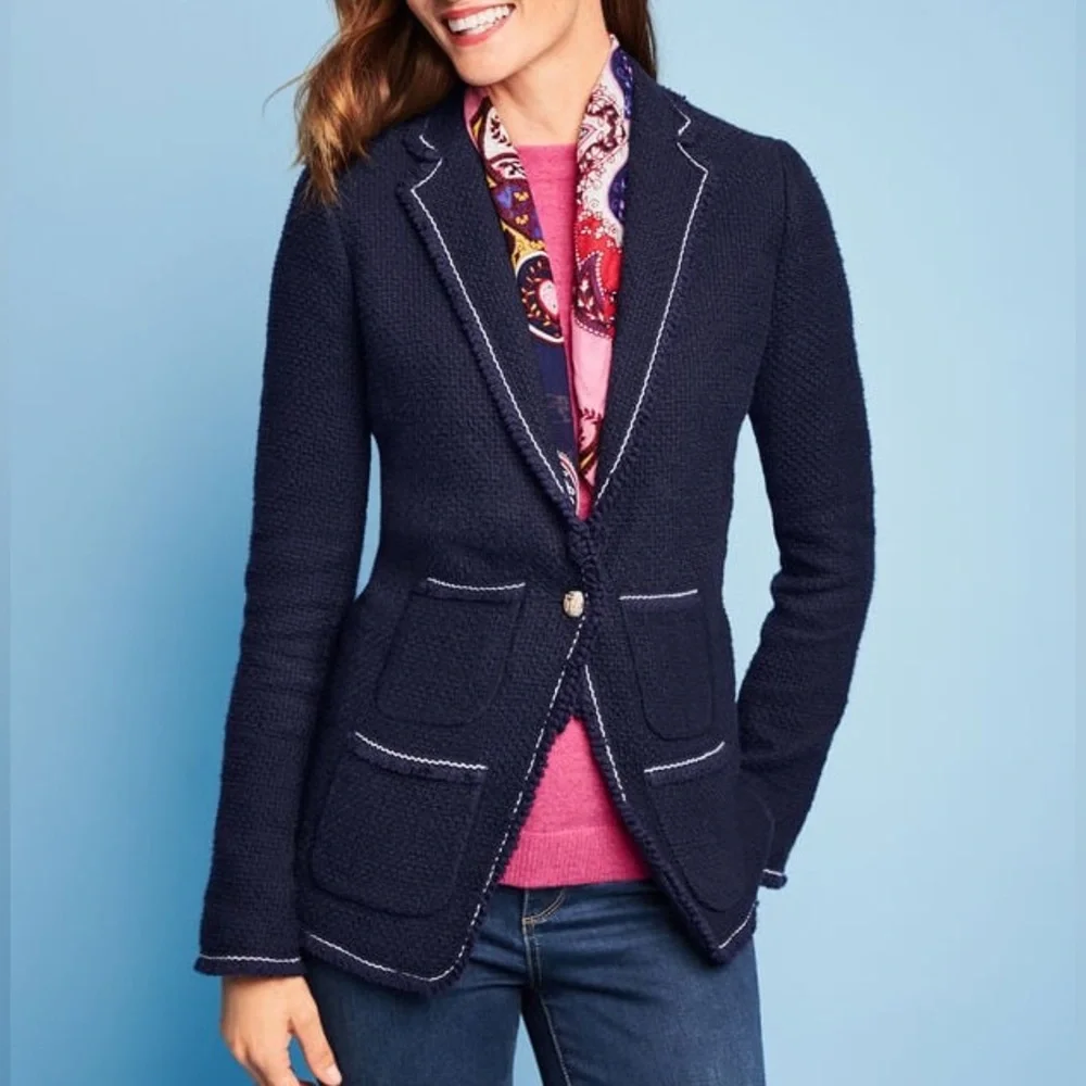 Talbots Navy Blue & White Tweed Gold Crested Button Blazer - 6 - Picture 2 of 14